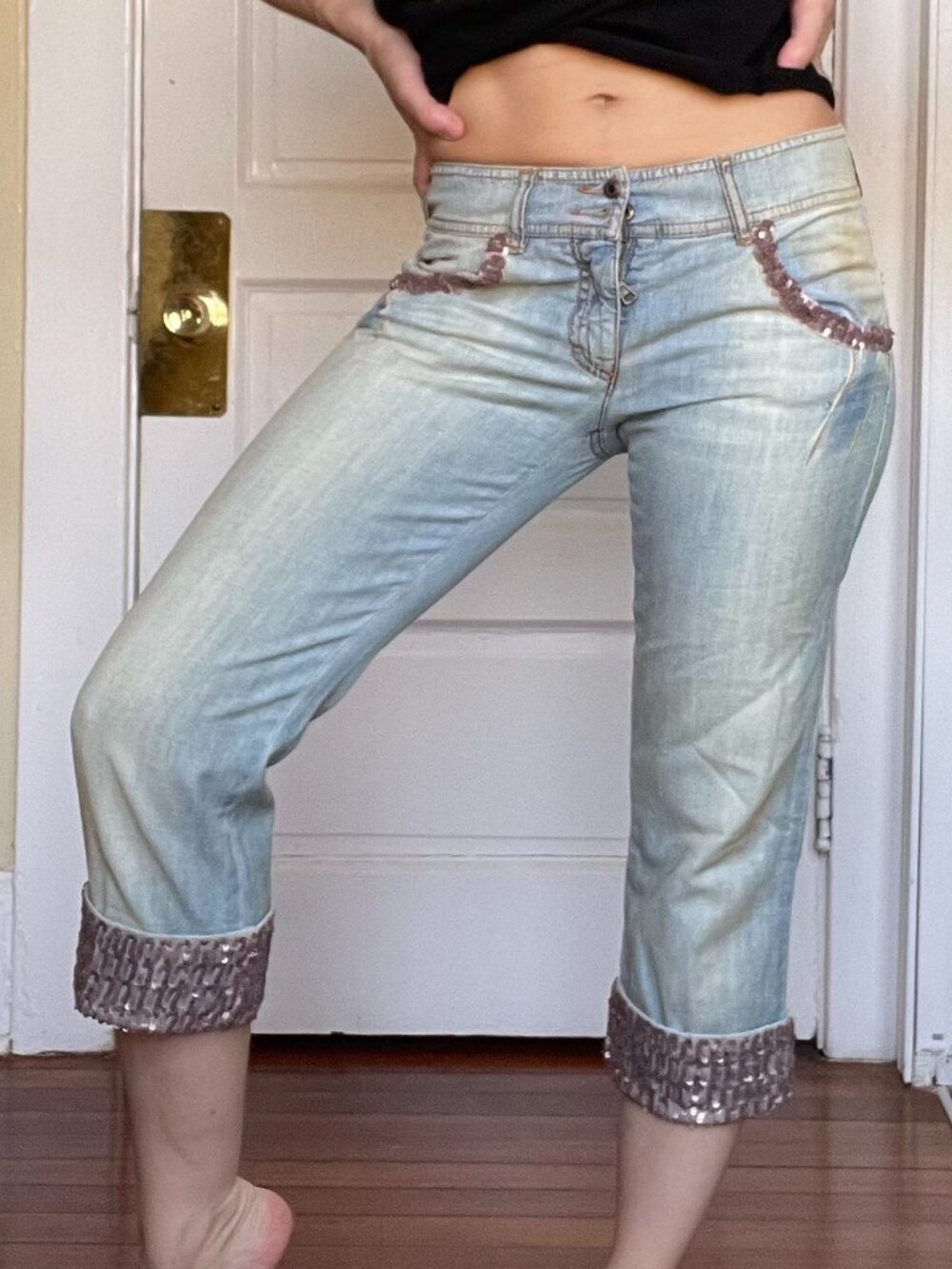 Ermanno Scervino Women's Lightwash Denim Capris with Bronze Sequin Details